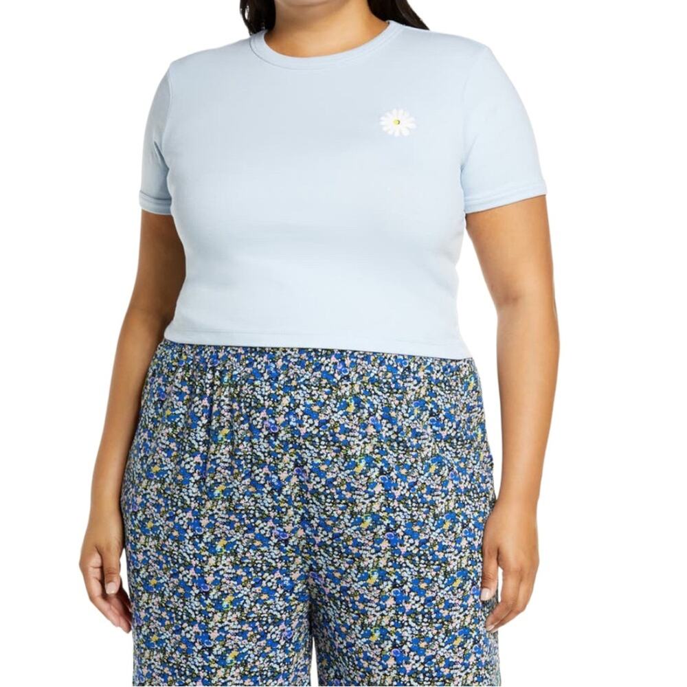 BP Daisy Ringer Tee Cropped Crewneck Short Sleeve Shirt Junior’s Size 1X NWT